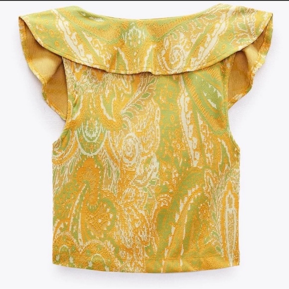 ZARA Rare Yellow Green Paisley Ruffle Crop Top Size L NWT Sleeveless Boho Chic - Picture 2 of 9